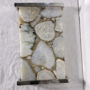 Modern White Agate Decorative Serving Tray  With Chrome Handles